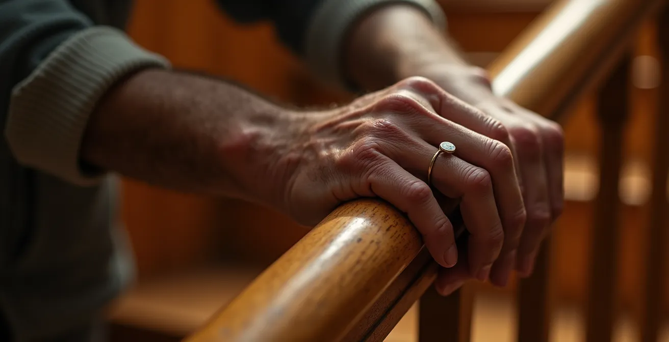 Main de personne âgée tenant fermement une rampe d'escalier